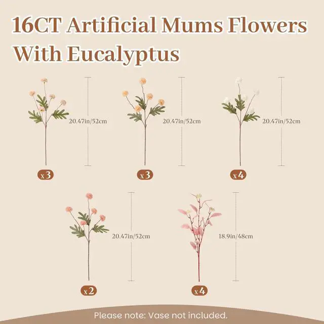 Alt view image 6 of 7 - 16 Pcs Faux Silk Mums with Eucalyptus, Fake Chrysanthemum for Vase