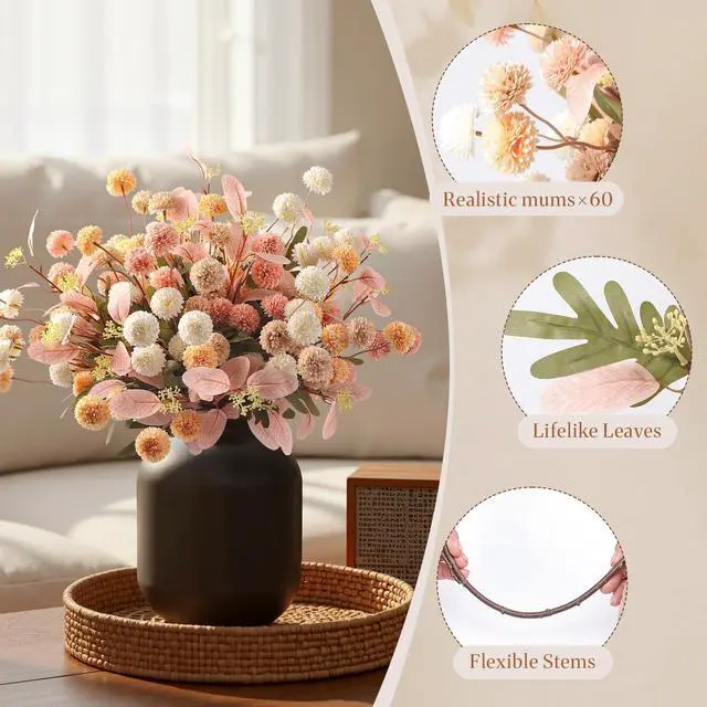 Alt view image 7 of 7 - 16 Pcs Faux Silk Mums with Eucalyptus, Fake Chrysanthemum for Vase