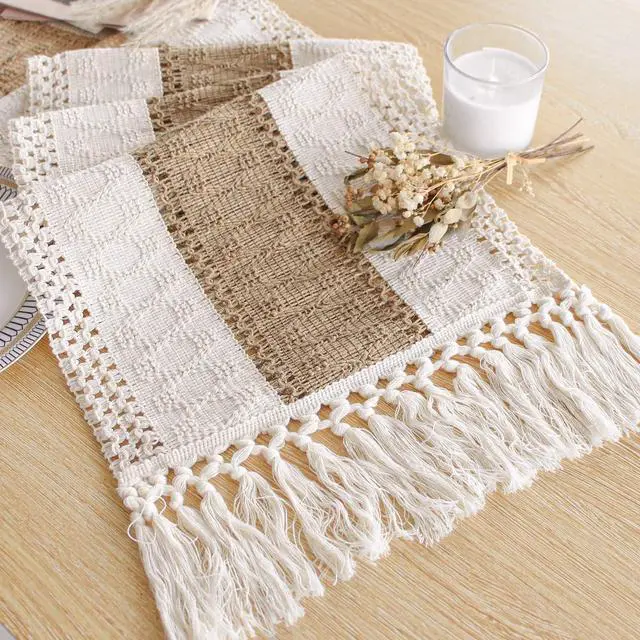 Main image of Boho Table Runner for Home Decor with Tassels 72 Inches Farmhouse Long Pottery Barn Furniture Rustic Macrame Burlap Table Decoration for Living Room Bridal Shower (12x72 Inches)