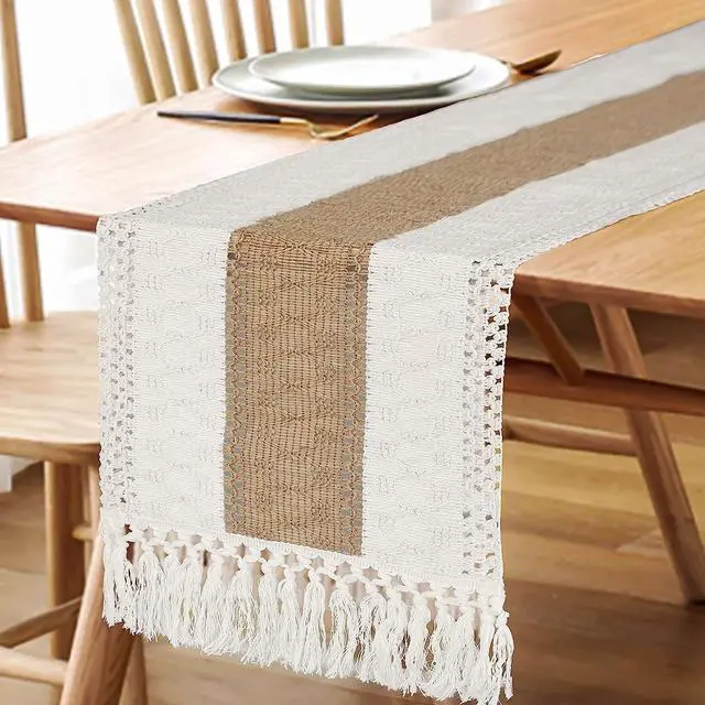 Alt view image 5 of 7 - Boho Table Runner for Home Decor with Tassels 72 Inches Farmhouse Long Pottery Barn Furniture Rustic Macrame Burlap Table Decoration for Living Room Bridal Shower (12x72 Inches)