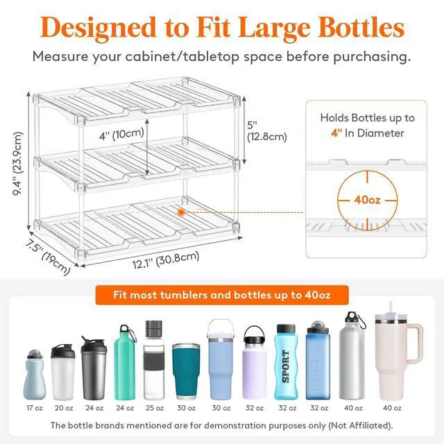 Alt view image 2 of 7 - Stackable Bottle Storage Organizer, Clear Freestanding Wine Holder for Cabinet, Large Slot Water Bottle Tumbler Cup Organizer for Pantry, Plastic Wine Rack for Fridge Cellar, 3Tier Hold 9