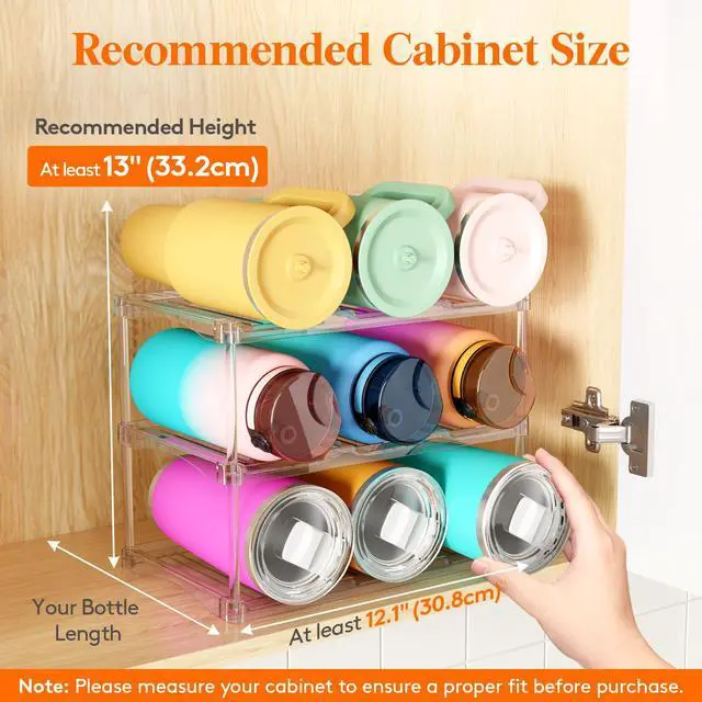 Alt view image 3 of 7 - Stackable Bottle Storage Organizer, Clear Freestanding Wine Holder for Cabinet, Large Slot Water Bottle Tumbler Cup Organizer for Pantry, Plastic Wine Rack for Fridge Cellar, 3Tier Hold 9