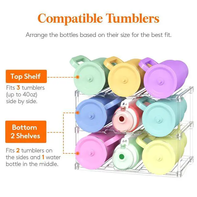 Alt view image 4 of 7 - Stackable Bottle Storage Organizer, Clear Freestanding Wine Holder for Cabinet, Large Slot Water Bottle Tumbler Cup Organizer for Pantry, Plastic Wine Rack for Fridge Cellar, 3Tier Hold 9