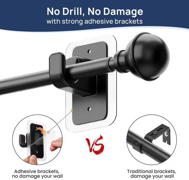 Alt view image 2 of 7 - No Drill Curtain Rods for Window 28 to 47 Inches, 5/8 Inch Diameter Renter Friendly Drapery Rod with Adhesive Brackets without Drilling, Adjustable from 27 to 52 Inches, Black