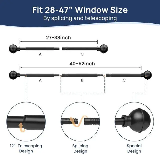 Alt view image 3 of 7 - No Drill Curtain Rods for Window 28 to 47 Inches, 5/8 Inch Diameter Renter Friendly Drapery Rod with Adhesive Brackets without Drilling, Adjustable from 27 to 52 Inches, Black