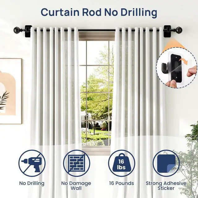 Alt view image 5 of 7 - No Drill Curtain Rods for Window 28 to 47 Inches, 5/8 Inch Diameter Renter Friendly Drapery Rod with Adhesive Brackets without Drilling, Adjustable from 27 to 52 Inches, Black