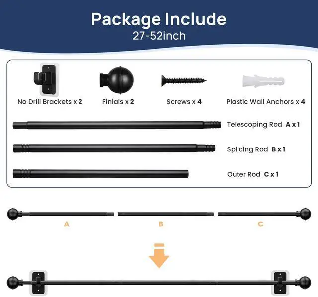 Alt view image 7 of 7 - No Drill Curtain Rods for Window 28 to 47 Inches, 5/8 Inch Diameter Renter Friendly Drapery Rod with Adhesive Brackets without Drilling, Adjustable from 27 to 52 Inches, Black