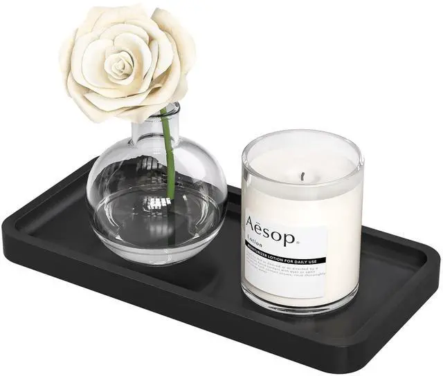 Main image of Small Bathroom Vanity Tray for Countertop Makeup Perfume Jewelry Decor Candle Keys, Small Black Kitchen Tray for Soap Dispenser Spice Bamboo Toilet Tray 7.9" L x 4" W x 0.79" H