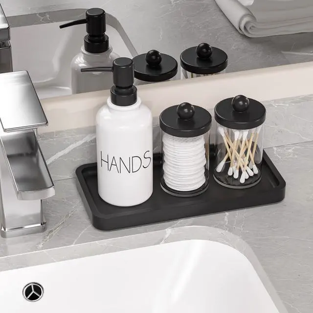 Alt view image 2 of 7 - Small Bathroom Vanity Tray for Countertop Makeup Perfume Jewelry Decor Candle Keys, Small Black Kitchen Tray for Soap Dispenser Spice Bamboo Toilet Tray 7.9" L x 4" W x 0.79" H