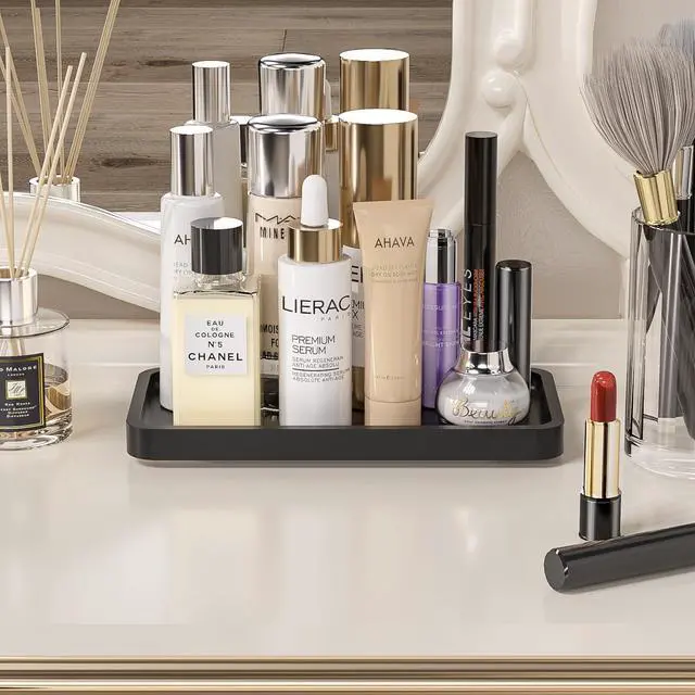 Alt view image 3 of 7 - Small Bathroom Vanity Tray for Countertop Makeup Perfume Jewelry Decor Candle Keys, Small Black Kitchen Tray for Soap Dispenser Spice Bamboo Toilet Tray 7.9" L x 4" W x 0.79" H