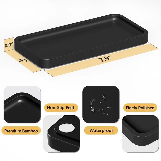 Alt view image 5 of 7 - Small Bathroom Vanity Tray for Countertop Makeup Perfume Jewelry Decor Candle Keys, Small Black Kitchen Tray for Soap Dispenser Spice Bamboo Toilet Tray 7.9" L x 4" W x 0.79" H