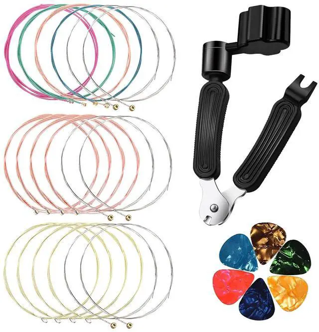 Main image of Guitar Accessories include 3 Sets guitar strings acoustic 6 string set (Gold,Brass,Multicolor),with Guitar String Winder Guitar Kit,6 Pieces Celluloid Guitar Picks