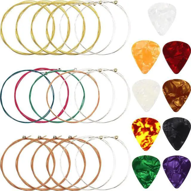 Main image of 3 Sets Acoustic Guitar Strings Replacement Steel Guitar Strings (Gold, Brass, Multicolor) with 9 Pieces Celluloid Picks 3 Sizes for Electric Acoustic Players Performers