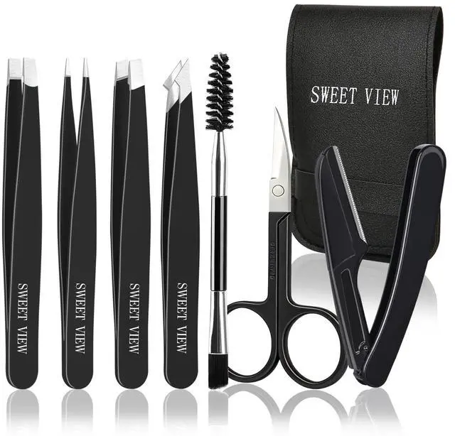Main image of 7pcs Eyebrow Tweezers Kit for Women Precision Plucker with Brow Scissors & Razor & Spoolie for Facial, Chin, Brow, Splinter and Ingrown Hair
