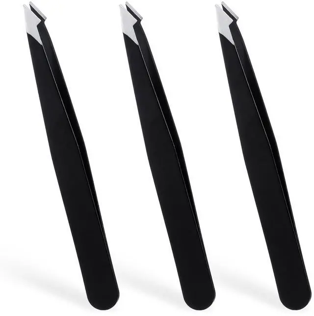 Main image of 3 Pack Tweezers for Eyebrows, Stainless Steel Pointed Tip Ingrown Hair Removal Tweezers Black Slanted Angled Tweezer Set for Women Men Precision for Eyebrows Facial Ingrown Hair and Splinter Removal