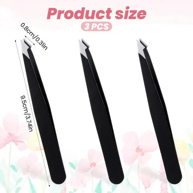 Alt view image 2 of 7 - 3 Pack Tweezers for Eyebrows, Stainless Steel Pointed Tip Ingrown Hair Removal Tweezers Black Slanted Angled Tweezer Set for Women Men Precision for Eyebrows Facial Ingrown Hair and Splinter Removal