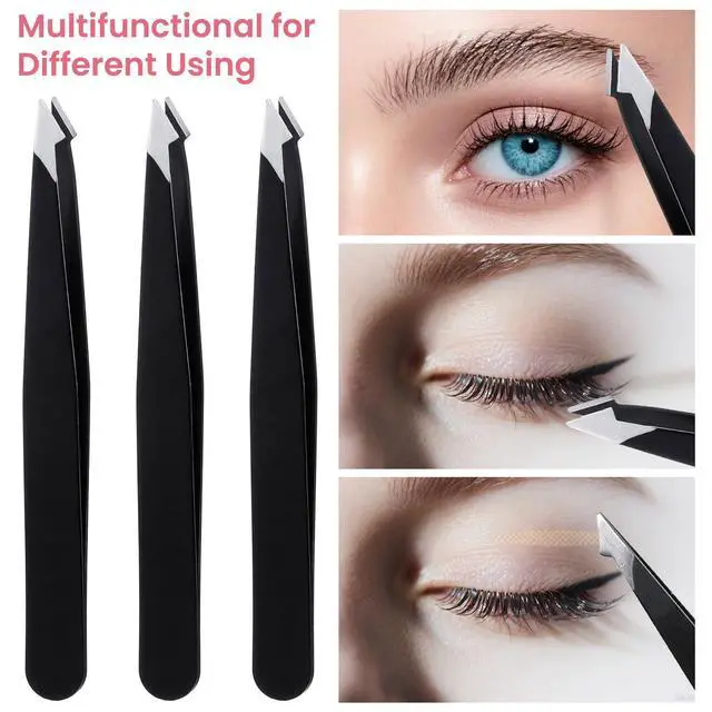 Alt view image 3 of 7 - 3 Pack Tweezers for Eyebrows, Stainless Steel Pointed Tip Ingrown Hair Removal Tweezers Black Slanted Angled Tweezer Set for Women Men Precision for Eyebrows Facial Ingrown Hair and Splinter Removal