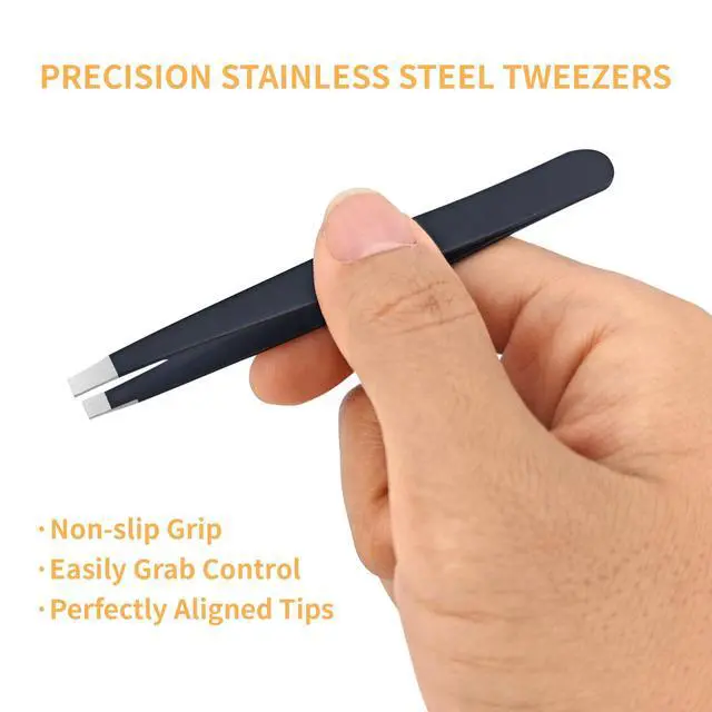 Alt view image 5 of 7 - Professional Tweezer Set for Eyebrows, Dual-Tip Design for Facial & Ingrown Hair Removal, Slant and Pointed Tip Precision Grooming Tools for Women/Men, Stainless Steel with Case - Black
