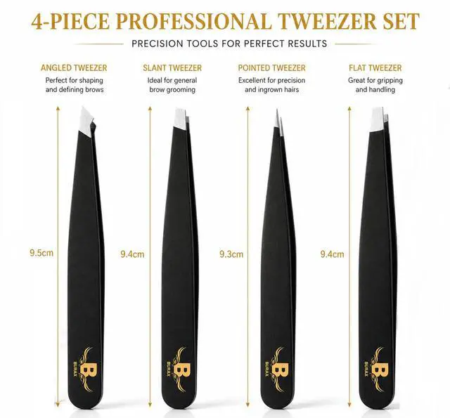 Alt view image 2 of 7 - Professional Tweezers Facial Hair Women & Men, Stainless Steel Precision Eyebrow Tweezers Set Anti-Slip Grip Ingrown Hair Remover Slant & Point Tip with Cap & Pouch for Grooming & Bridal