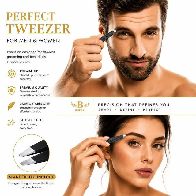 Alt view image 5 of 7 - Professional Tweezers Facial Hair Women & Men, Stainless Steel Precision Eyebrow Tweezers Set Anti-Slip Grip Ingrown Hair Remover Slant & Point Tip with Cap & Pouch for Grooming & Bridal