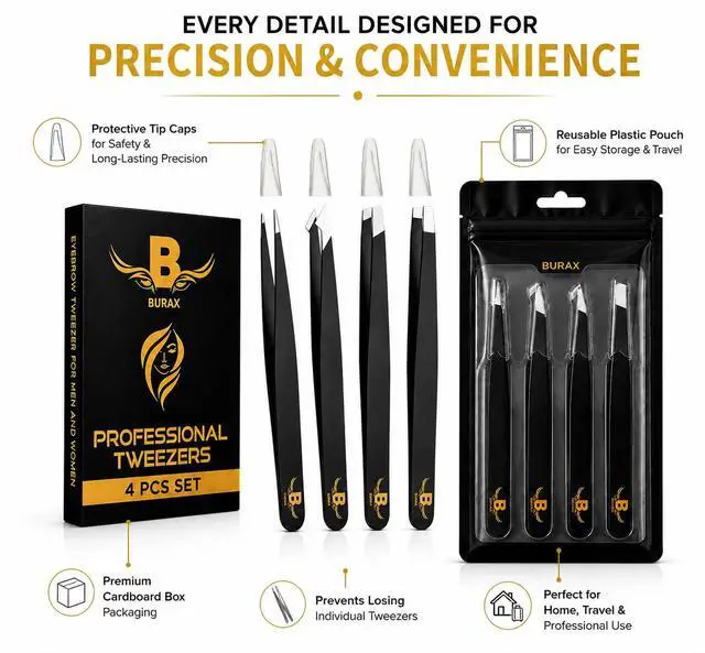 Alt view image 7 of 7 - Professional Tweezers Facial Hair Women & Men, Stainless Steel Precision Eyebrow Tweezers Set Anti-Slip Grip Ingrown Hair Remover Slant & Point Tip with Cap & Pouch for Grooming & Bridal
