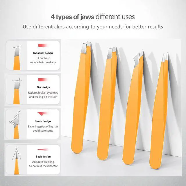 Alt view image 6 of 7 - Tweezers Set Professional High Precision Stainless Steel Eyebrow Remover Ingrown Hair & Splinter Removal Kit Facial Hair Grooming Tools for Men Women Orange 4 Pcs