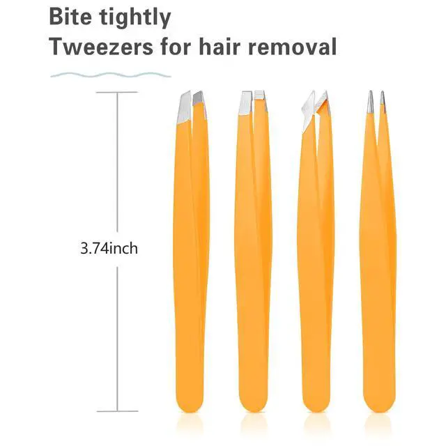 Alt view image 7 of 7 - Tweezers Set Professional High Precision Stainless Steel Eyebrow Remover Ingrown Hair & Splinter Removal Kit Facial Hair Grooming Tools for Men Women Orange 4 Pcs
