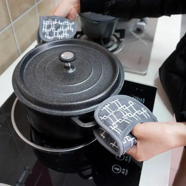 Alt view image 5 of 6 - Magnets.2pk Quilted Heat Resistant Grey Cotton Fabric.Gloves/Pot Holder Safely Protects Hands from Hot Surfaces. Great for handling Cookware, Bakeware, BBQ,Microwave