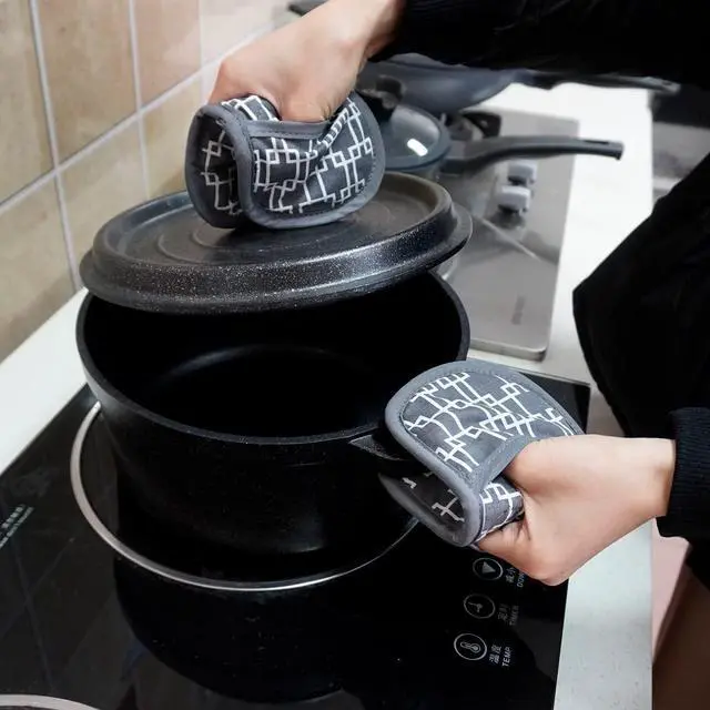 Alt view image 6 of 6 - Magnets.2pk Quilted Heat Resistant Grey Cotton Fabric.Gloves/Pot Holder Safely Protects Hands from Hot Surfaces. Great for handling Cookware, Bakeware, BBQ,Microwave