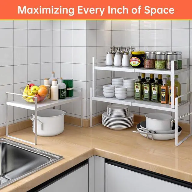 Alt view image 6 of 6 - Expandable Cabinet Shelf Organizer Rack 9 inch, Pantry Organizer Lengthen from 14 to 25 Large Kitchen Cabinet Storage Shelf Rack Storage Organizer whiteSpice Rack Expandable Shelves,