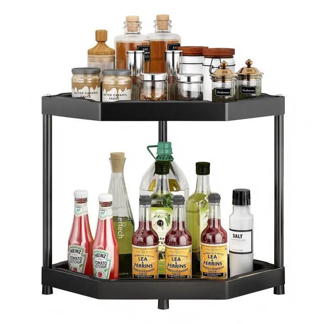 Main image of Kitchen Corner Shelf Countertop 2 Tier Bathroom Counter Organizer Cabinet Corner Storage Shelf Spice Rack Makeup Organizer Under Sink Organizer Black