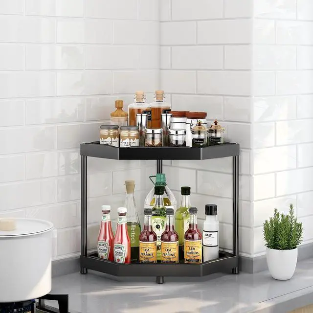 Alt view image 2 of 6 - Kitchen Corner Shelf Countertop 2 Tier Bathroom Counter Organizer Cabinet Corner Storage Shelf Spice Rack Makeup Organizer Under Sink Organizer Black