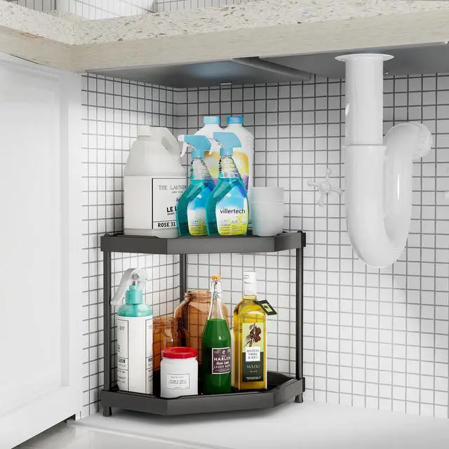 Alt view image 3 of 6 - Kitchen Corner Shelf Countertop 2 Tier Bathroom Counter Organizer Cabinet Corner Storage Shelf Spice Rack Makeup Organizer Under Sink Organizer Black