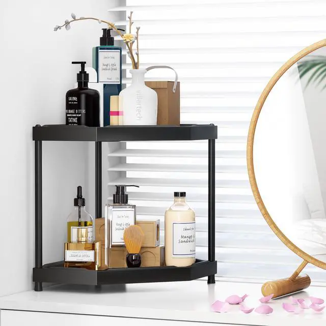 Alt view image 4 of 6 - Kitchen Corner Shelf Countertop 2 Tier Bathroom Counter Organizer Cabinet Corner Storage Shelf Spice Rack Makeup Organizer Under Sink Organizer Black