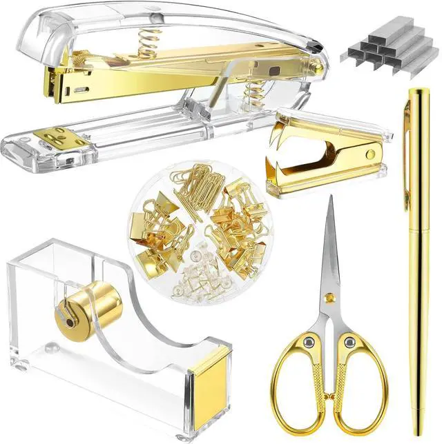 Main image of Acrylic Gold Tape Dispenser Gold Desktop Stapler Set, Office Supplies Includes Staple Remover, Tape Dispenser, Binder Clips, Paper Clips, Ballpoint Pen, Scissor, 1000pcs Staples Desk Accessory Kit