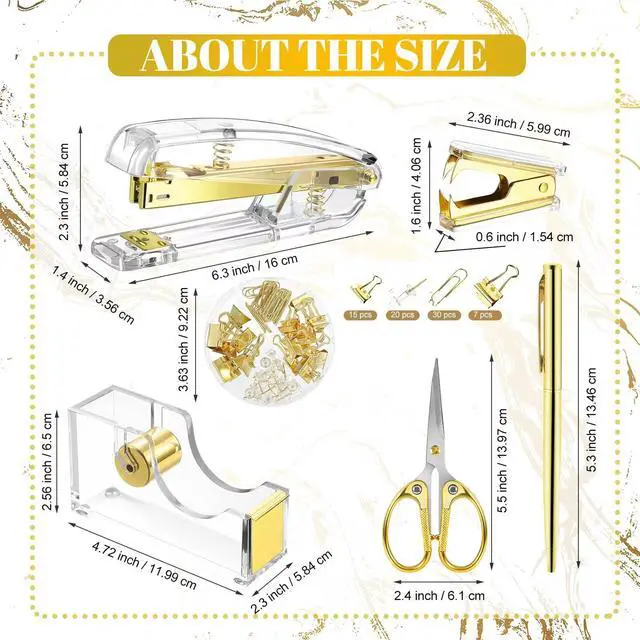 Alt view image 3 of 7 - Acrylic Gold Tape Dispenser Gold Desktop Stapler Set, Office Supplies Includes Staple Remover, Tape Dispenser, Binder Clips, Paper Clips, Ballpoint Pen, Scissor, 1000pcs Staples Desk Accessory Kit