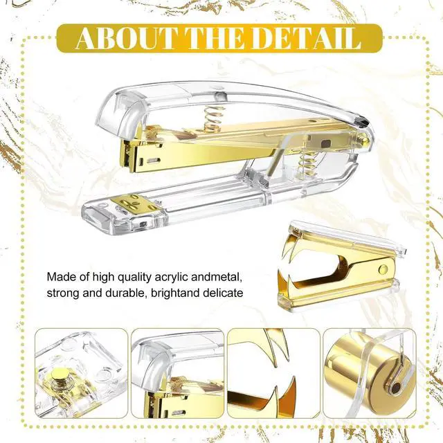 Alt view image 5 of 7 - Acrylic Gold Tape Dispenser Gold Desktop Stapler Set, Office Supplies Includes Staple Remover, Tape Dispenser, Binder Clips, Paper Clips, Ballpoint Pen, Scissor, 1000pcs Staples Desk Accessory Kit
