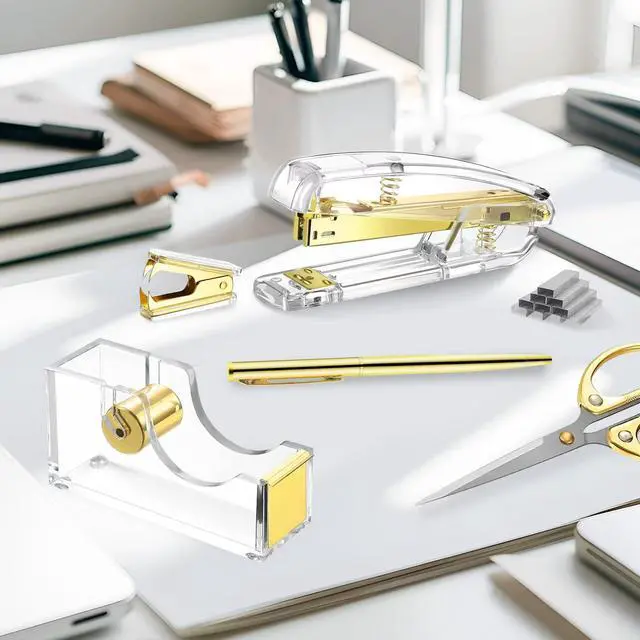 Alt view image 2 of 7 - Acrylic Gold Tape Dispenser Gold Desktop Stapler Set, Office Supplies Includes Staple Remover, Tape Dispenser, Binder Clips, Paper Clips, Ballpoint Pen, Scissor, 1000pcs Staples Desk Accessory Kit