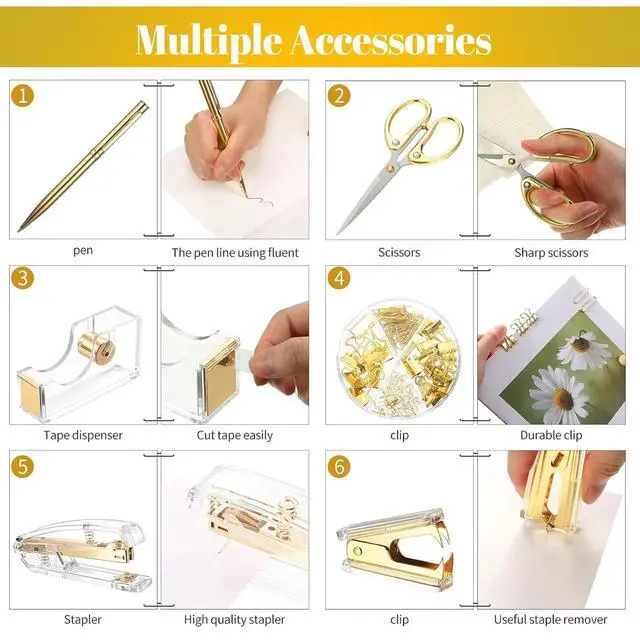 Alt view image 6 of 7 - Acrylic Gold Tape Dispenser Gold Desktop Stapler Set, Office Supplies Includes Staple Remover, Tape Dispenser, Binder Clips, Paper Clips, Ballpoint Pen, Scissor, 1000pcs Staples Desk Accessory Kit