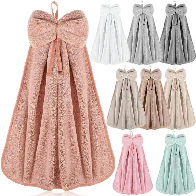 Main image of 9 Pcs Bow Hand Towels with Hanging Loop Absorbent Soft Coral Fleece Microfiber Hanging Kitchen Towels for Bathroom and Quick Drying, 9 Colors