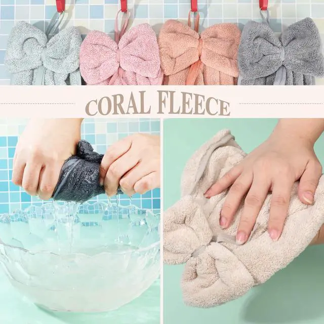 Alt view image 5 of 7 - 9 Pcs Bow Hand Towels with Hanging Loop Absorbent Soft Coral Fleece Microfiber Hanging Kitchen Towels for Bathroom and Quick Drying, 9 Colors