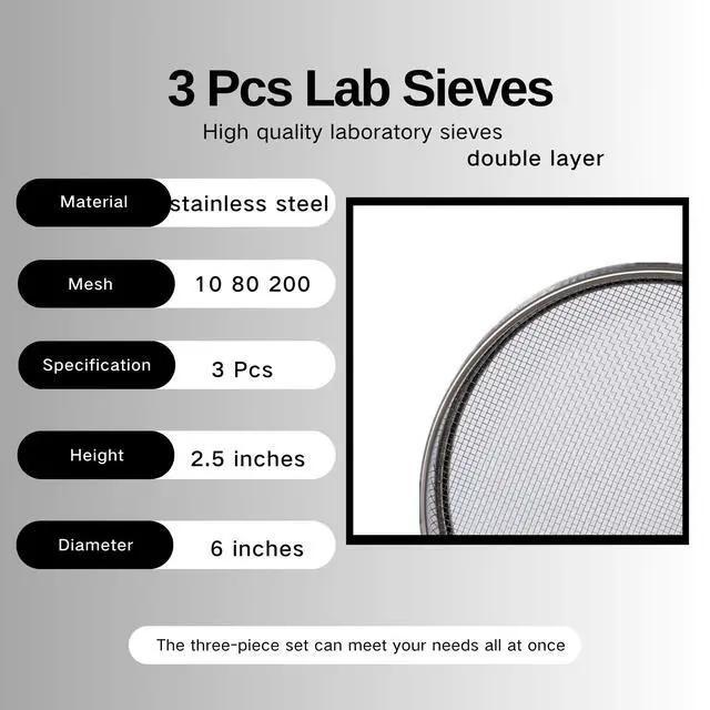 Alt view image 4 of 5 - 3 Pcs Lab Sieves6 Inch Diameter Test Sifter 10Mesh2.19mm80Mesh0.217mmand 200 Mesh0.077mm