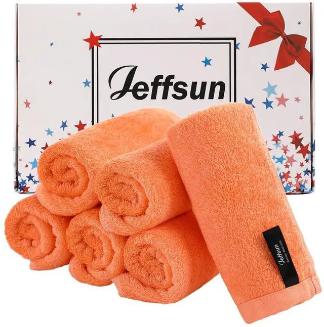 Main image of Face Towels 6 Pack, Extra Large 13x13 inch Orange Wash Cloths for Face and Body, Super Soft and Absorbent Bath Washcloths on Sensitive Skin, Easy to Clean Quick Dry Facial Cleaning Cloths with Loop