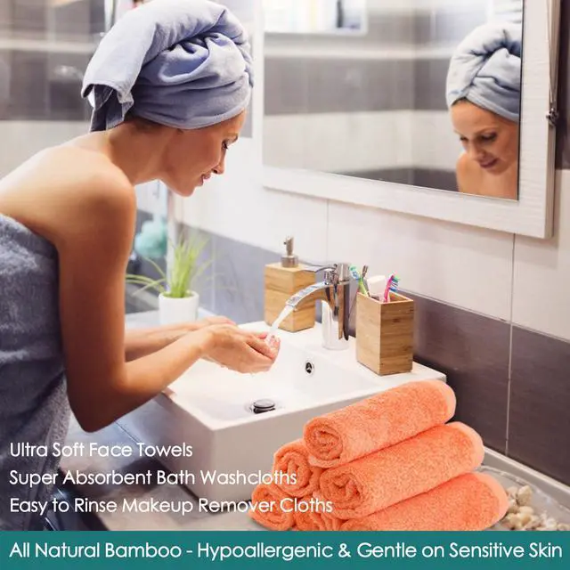 Alt view image 4 of 7 - Face Towels 6 Pack, Extra Large 13x13 inch Orange Wash Cloths for Face and Body, Super Soft and Absorbent Bath Washcloths on Sensitive Skin, Easy to Clean Quick Dry Facial Cleaning Cloths with Loop