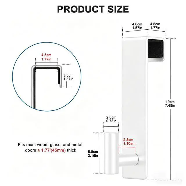 Alt view image 2 of 7 - 2-Pack Over The Door Hooks, Stainless Steel Door Hanger for Towels & Coats, Bathroom Towel Rack Coat Rack, Tool-Free Hooks for Hanging (White, Fits 1-3/4" Thick Door -T Shape 2 Pack)