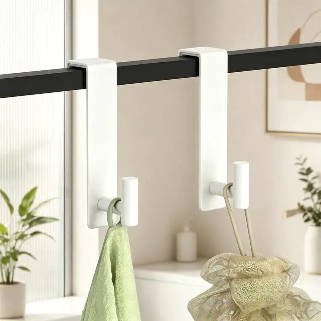 Alt view image 4 of 7 - 2-Pack Over The Door Hooks, Stainless Steel Door Hanger for Towels & Coats, Bathroom Towel Rack Coat Rack, Tool-Free Hooks for Hanging (White, Fits 1-3/4" Thick Door -T Shape 2 Pack)