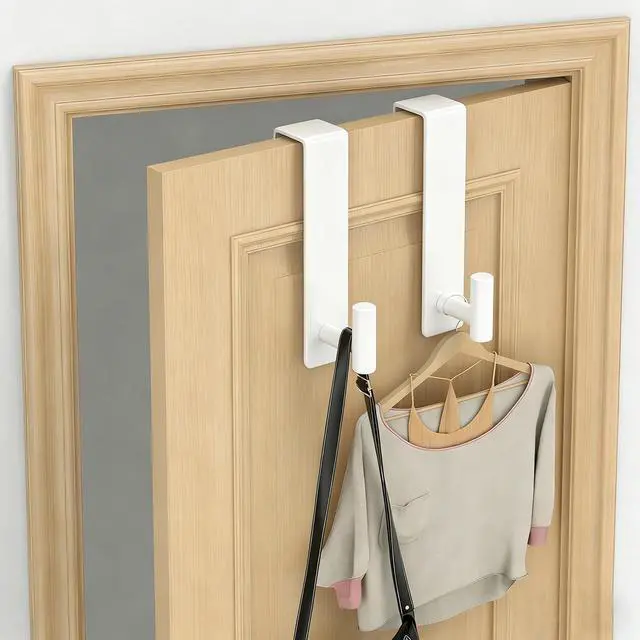 Alt view image 5 of 7 - 2-Pack Over The Door Hooks, Stainless Steel Door Hanger for Towels & Coats, Bathroom Towel Rack Coat Rack, Tool-Free Hooks for Hanging (White, Fits 1-3/4" Thick Door -T Shape 2 Pack)