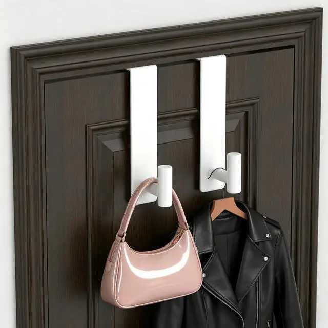 Alt view image 7 of 7 - 2-Pack Over The Door Hooks, Stainless Steel Door Hanger for Towels & Coats, Bathroom Towel Rack Coat Rack, Tool-Free Hooks for Hanging (White, Fits 1-3/4" Thick Door -T Shape 2 Pack)