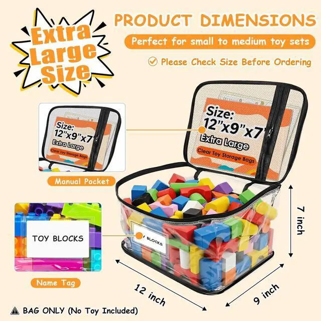 Alt view image 2 of 7 - 3 Packs Extra Large Clear Toy Storage Bags with Name Tags and Mesh Pocket, Waterproof PVC Organizer for Toys, Board Games, Building Blocks, Puzzles, Dolls (Black Edges)