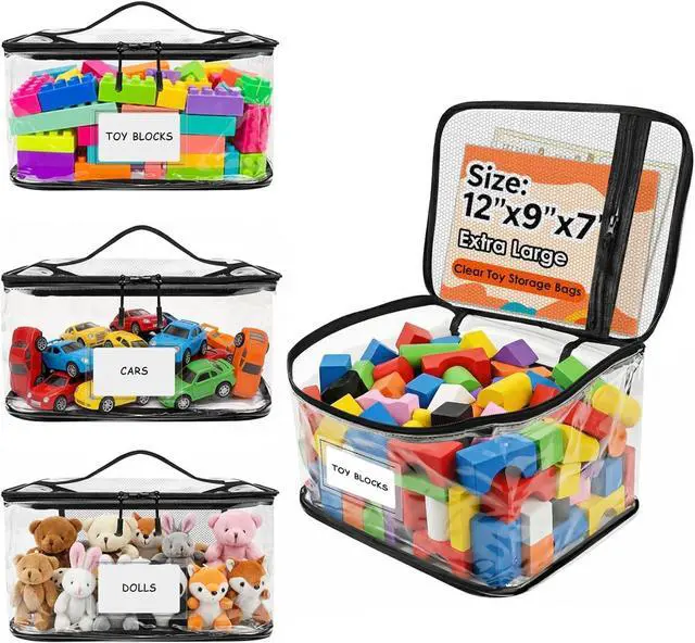 Main image of 3 Packs Extra Large Clear Toy Storage Bags with Name Tags and Mesh Pocket, Waterproof PVC Organizer for Toys, Board Games, Building Blocks, Puzzles, Dolls (Black Edges)